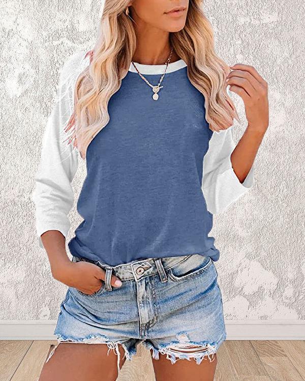 Casual Color Block 3/4 Sleeve Top