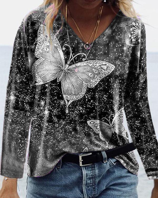 Fashion Colorful Butterfly Print V Neck Long Sleeve T-shirt