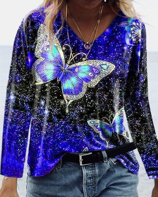 Fashion Colorful Butterfly Print V Neck Long Sleeve T-shirt