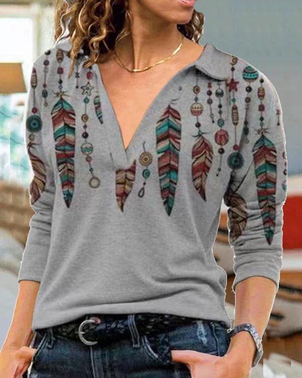 Plus Size Vintage Feather Print Long Sleeve Shirt Collar Tops