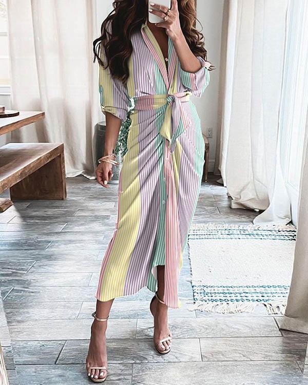 Women Rainbow Colors Stripe V Neck Pleated Lace up Waist Maxi Dress