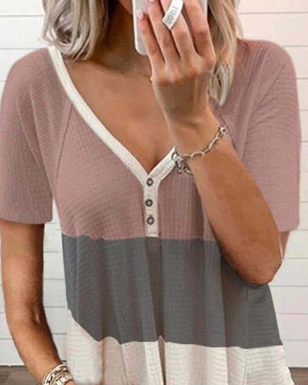 Summer New Color Matching Placket Buttoned T-shirt