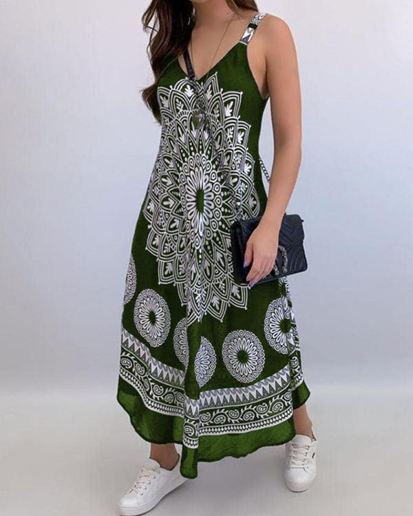 Totem Print V-neck Suspender Dress