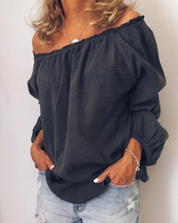 Casual Linen Cotton Off Shoulder Long Sleeve Solid Shirts & Tops