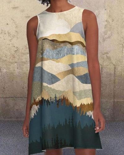 Landscape Print Sleeveless Mini Dress