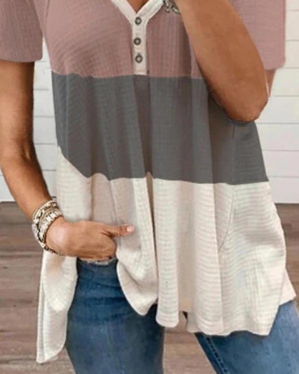 Summer New Color Matching Placket Buttoned T-shirt