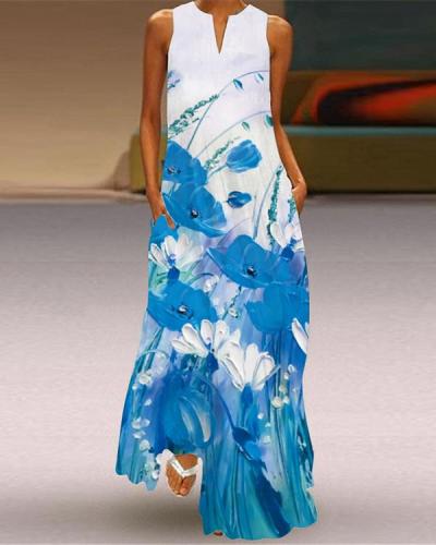 Women's Fashion Floral Print Sleeveless V-Neck Dress