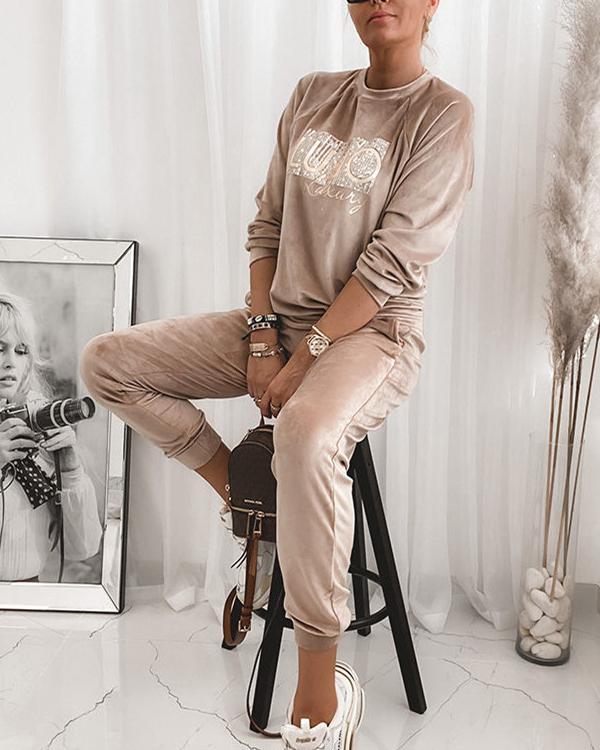 Women Chic Comfy Velvet Embroidery Top&Sweatpants Suit