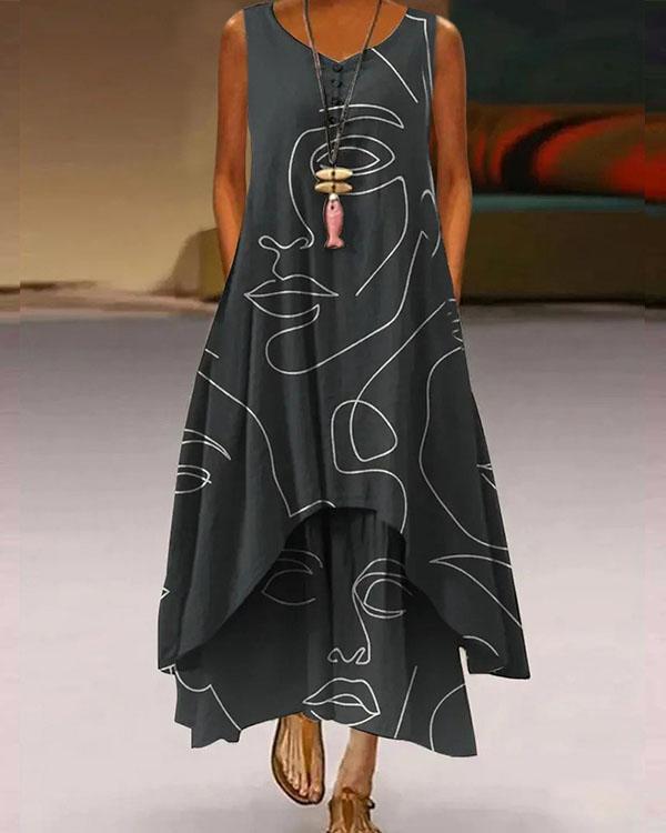 Plus Size Print Sleeveless A-Line Asymmetrical Maxi Dress
