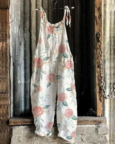 Fashion Linen Jumpsuits Flower Print Rompers