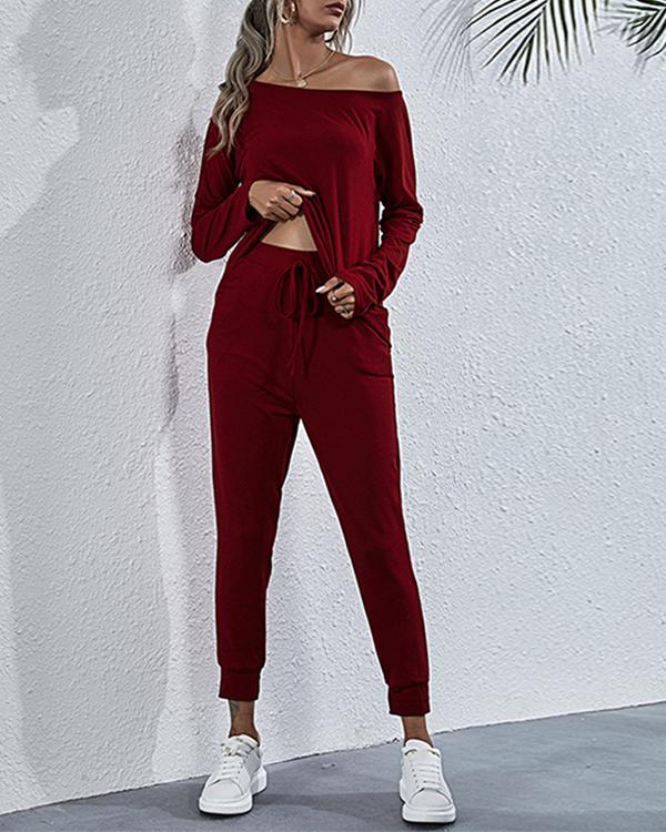 Solid Long Sleeve One Shoulder Two-Piece Fashion Suit
