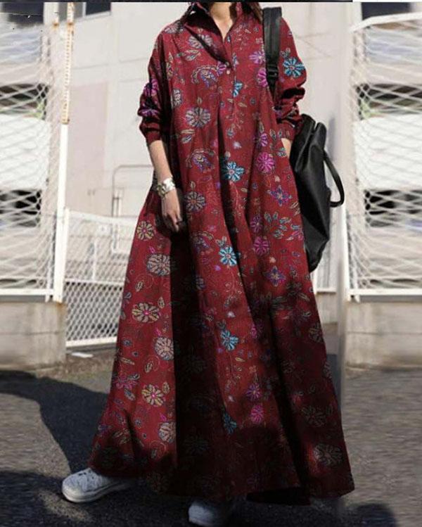 Womens Collared Check Print A-Line Casual Loose Kaftan Long Maxi Dress