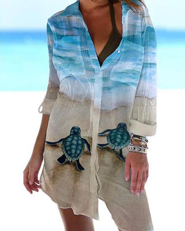 Women Beach Cover Up Button Down Pocket Printed Shirts