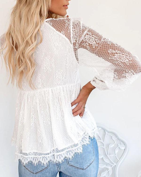 Lace V Neck Ruffle Long Sleeve Floral Blouse