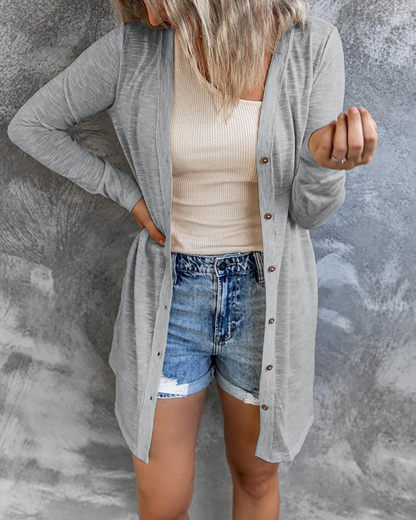 Button Solid Color Casual Long-Sleeve Cardigan