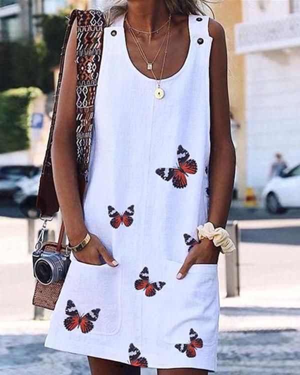 Butterfly Print Casual Pockets Tunic Shift Dress