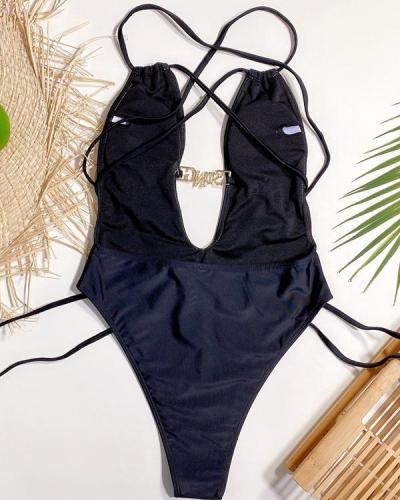 Sexy Solid Black  Swimsuit One Piece
