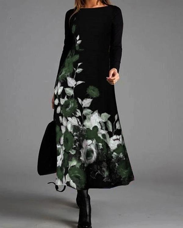 Elegant Flower Long Sleeve Round Neck Maxi Dress