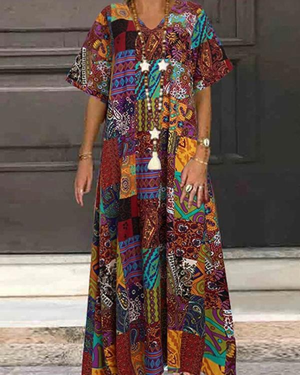 Ethnic Print V-neck Plus Size Vintage Dress