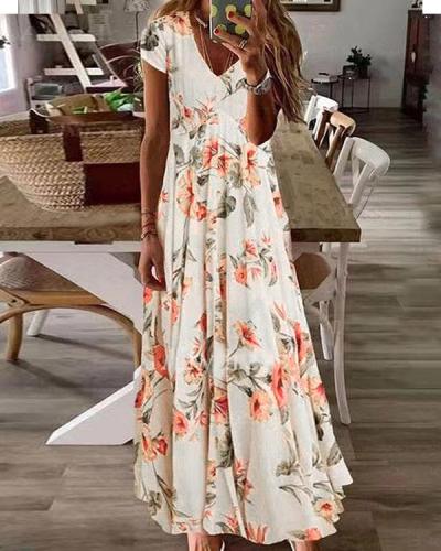 Women Floral Tunic V-Neckline Maxi A-line Dress