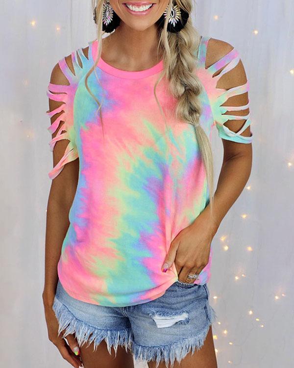 Tie Dye Hollow Out Sleeve Cold Shoulder Short Sleeve Shirt&Top