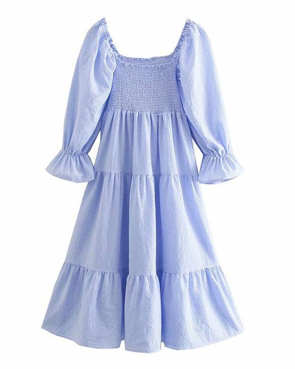 Cottagecore Puffy Sleeve Bowknot High Waist Solid Nap Dress