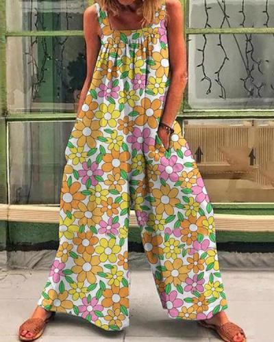 Women Colorful Multiflora Print Casual Loose Jumpsuit