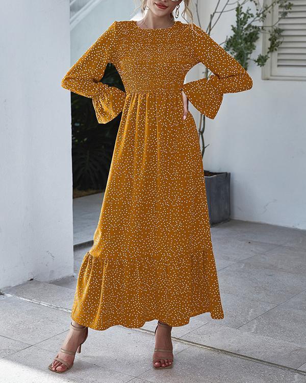 Floral/Dot Print Flare Sleeve A-Line Ruffle Hem Maxi Dress