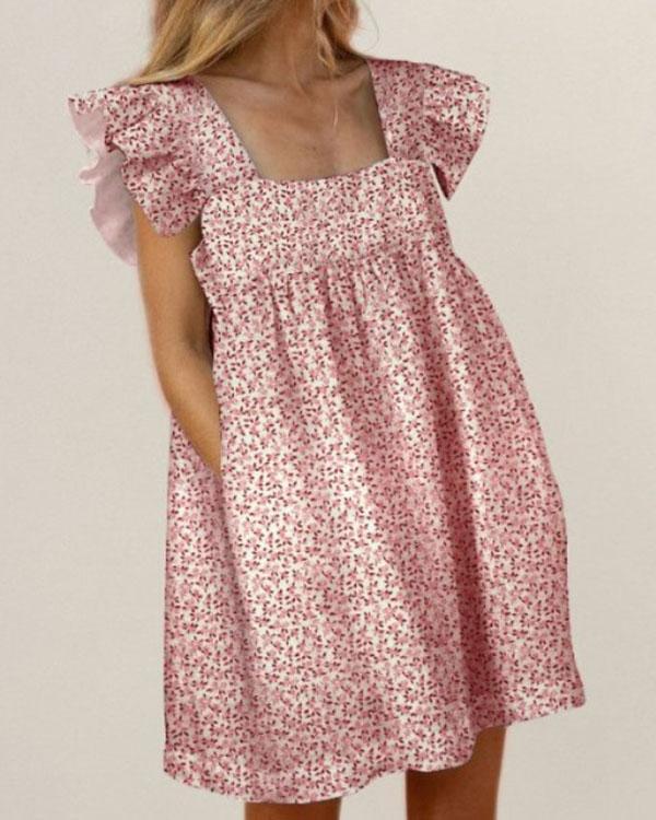 Cotton Square Neck Ruffle Sleeve Print Mini Dress