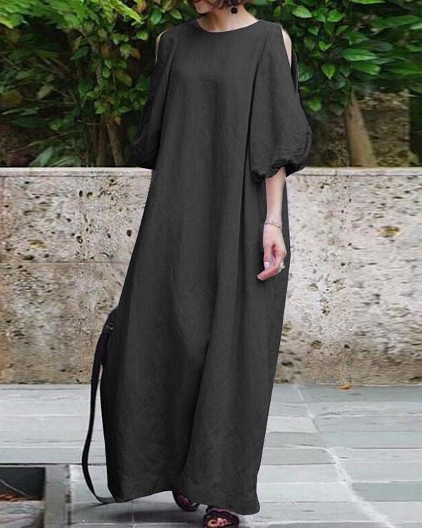 Women Half Sleeve Solid Loose Plus Size Casual Linen Dresses