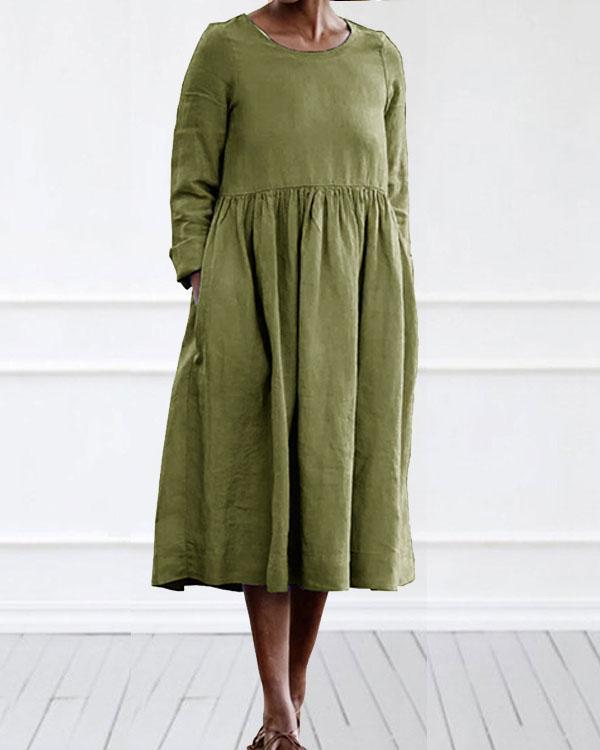 Casual Linen Cotton Plain Color Long Sleeve Midi Dress
