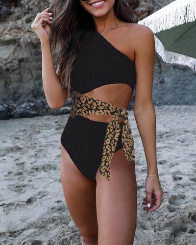One-Shoulder Leopard Print One-Piece Swimwear
