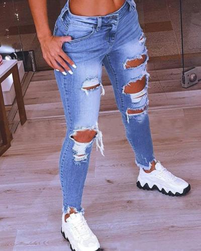 Fashion Casual Solid Mid Waist Regular Jeans