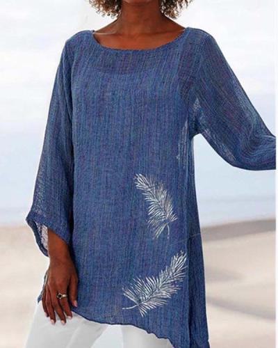 Feather Print Round Neck Long Sleeve Top