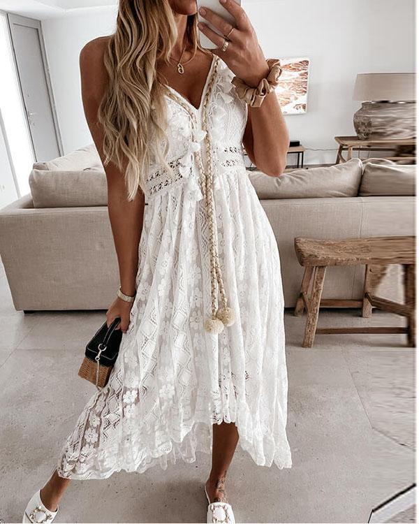 Lace Solid Tassel Sleeveless A-line Slip/Skater Casual Maxi Dresses