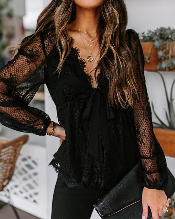 Lace V Neck Ruffle Long Sleeve Floral Blouse