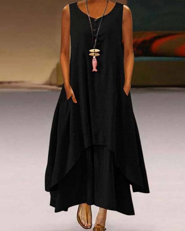 Plus Size Solid Sleeveless A-Line Asymmetrical Maxi Dress