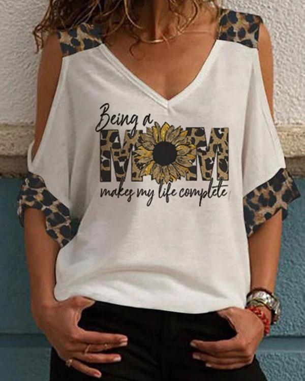 Women's T-shirts Leopard Letter Print Cold Shoulder T-shirt