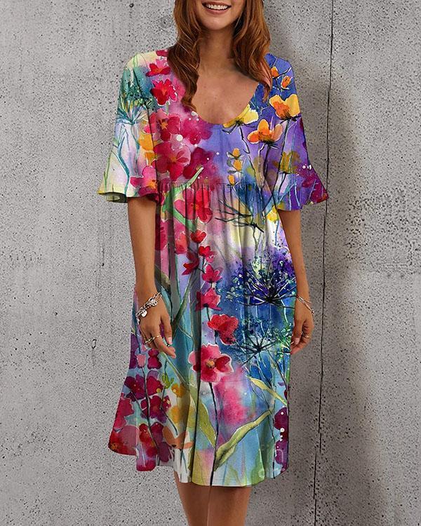Women Holiday U Neck Colorful Floral Ruffle Dress