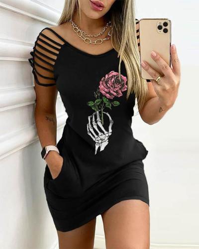 Sexy Hollow out Round Neck Print Bodycon Mini Dress