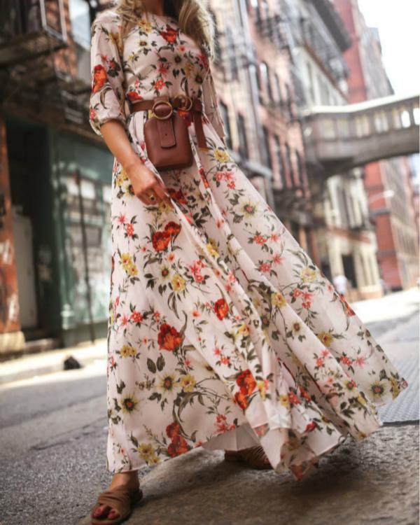 Elegant Floral Print Half Sleeve Maxi Dresses