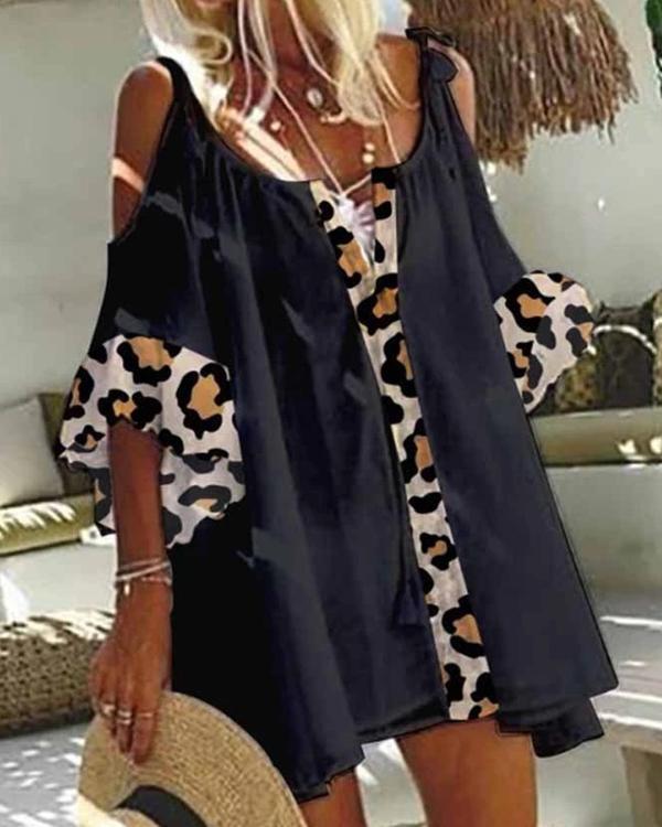 Casual Cotton Blend Leopard Print Short Sleeve Dresses