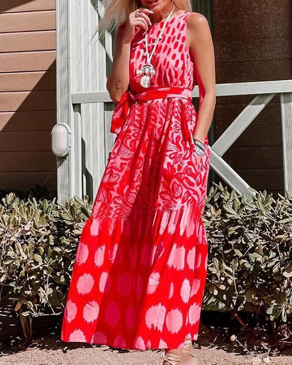Fashion Red Print Sleeveless Maxi dress