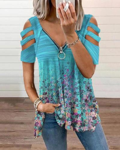 Low-Cut Zipper Flower Wall Printed Off Shoulder Tops