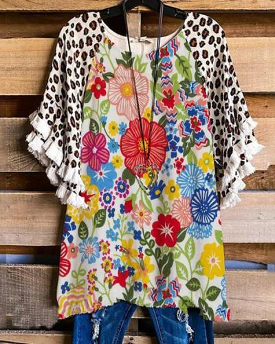 Flower Print Cotton-Blend Short Sleeve Casual Shirts & Tops