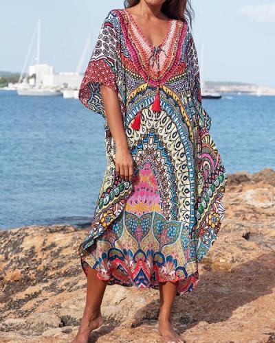 Printed Sleeved Tie Front V Neck Maxi Cover Up