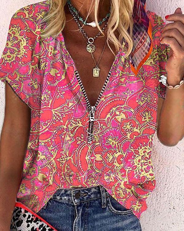 Women's Print Boho Zipper V-neck Shirt&Top