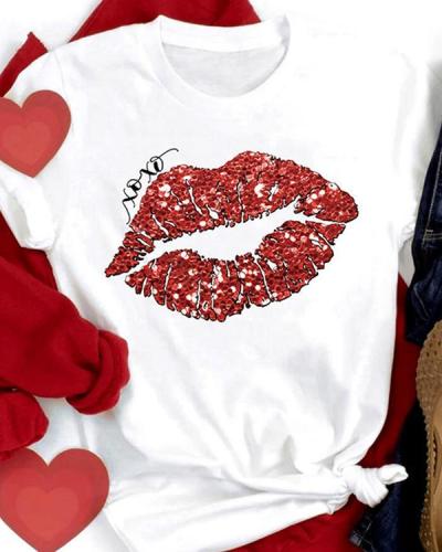 Cotton XOXO Lip Printed Casual Short Sleeves T-Shirt For Valentine's Day