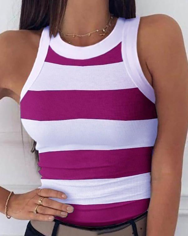 Chic Girls Color Block Striped Sleeveless Round Neck Slim Fit Tank Top