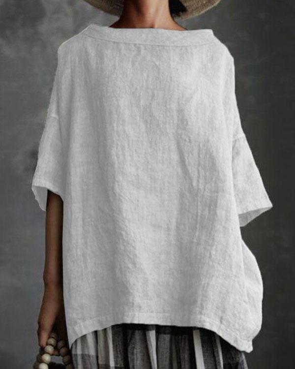 Women Boat Neck Half Sleeve Solid Loose Plus Size Casual Linen Tops